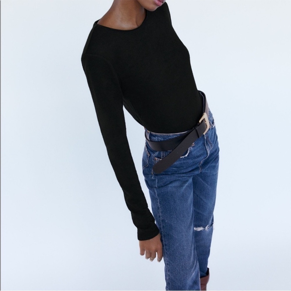 Zara Padded Shoulder Long Sleeve Knit Top Black Size M